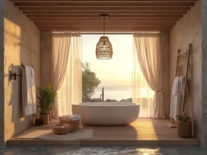 "Luxury outdoor bathroom pavilion with natural stone walls, teak decking, and freestanding tub during sunset"