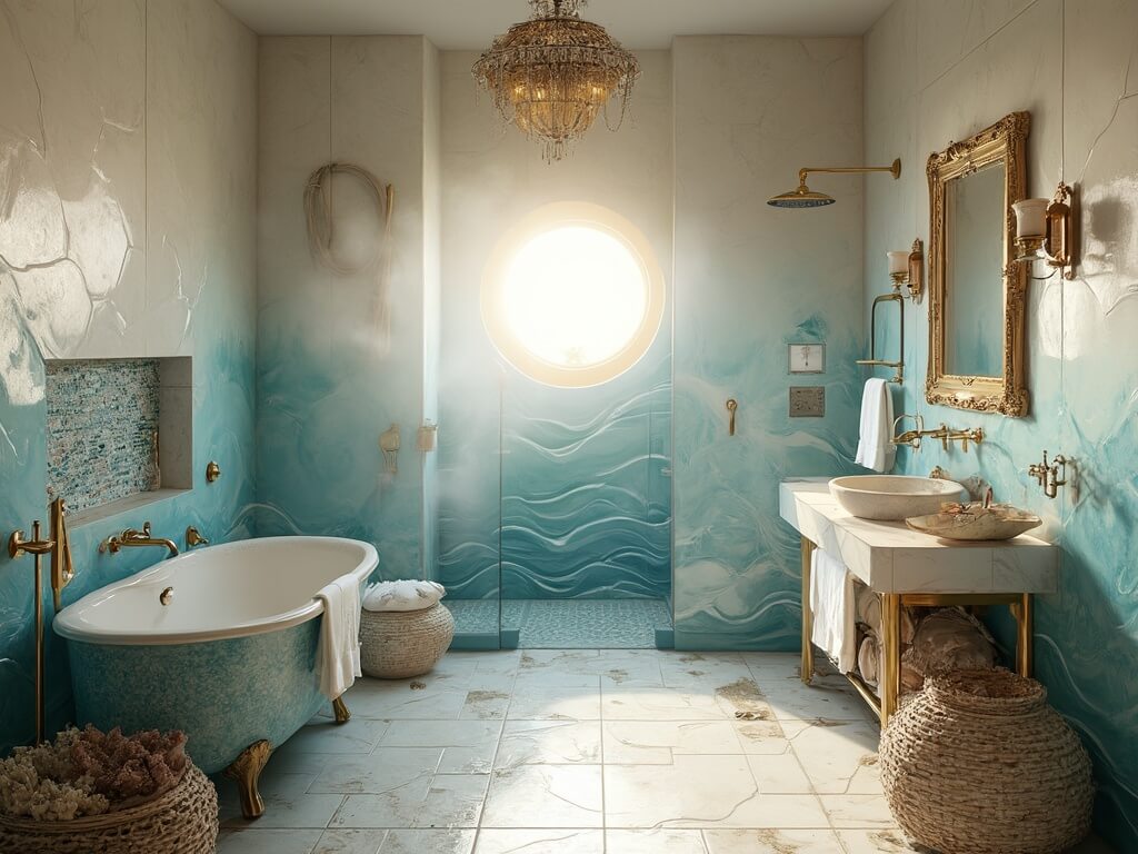"Maximalist coastal-themed bathroom with blue gradient tiles, brass fixtures, rattan storage, and sea-inspired decorations in sunlit ambience"