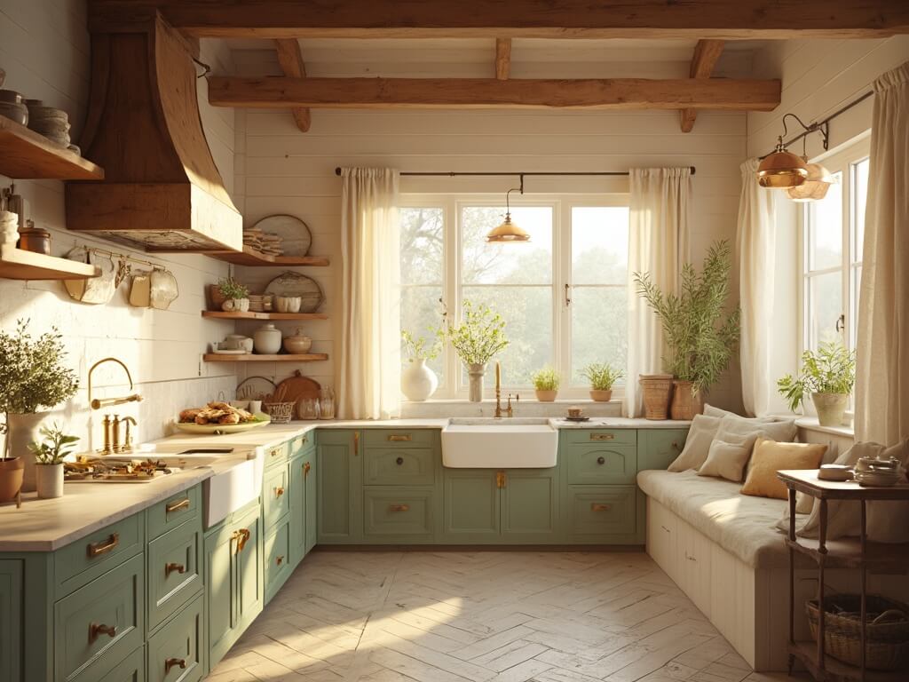 "Sunlit farmhouse kitchen with rustic wooden island, artisanal ceramics display, and cozy breakfast nook"