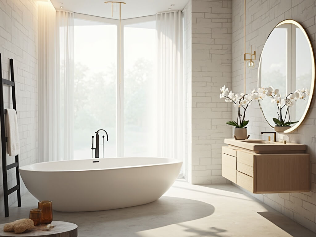 "Luxurious modern spa bathroom with freestanding tub, light oak vanity, and brass accents in natural morning light"