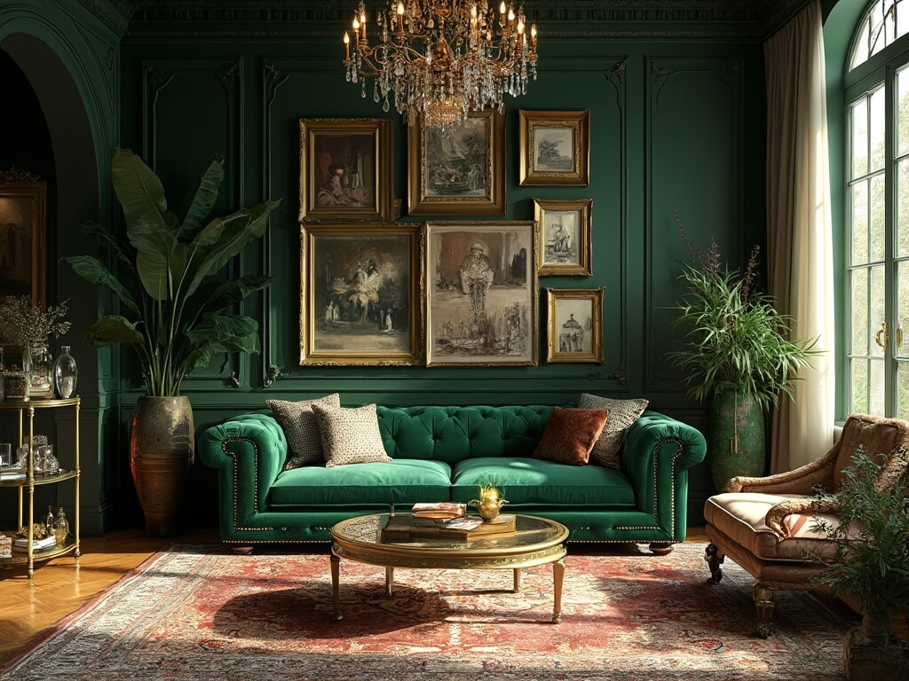 "Maximalist living room interior featuring emerald green Chesterfield sofa, ornate brass bar cart, crystal chandelier, and warm sunlight streaming through floor-to-ceiling windows"