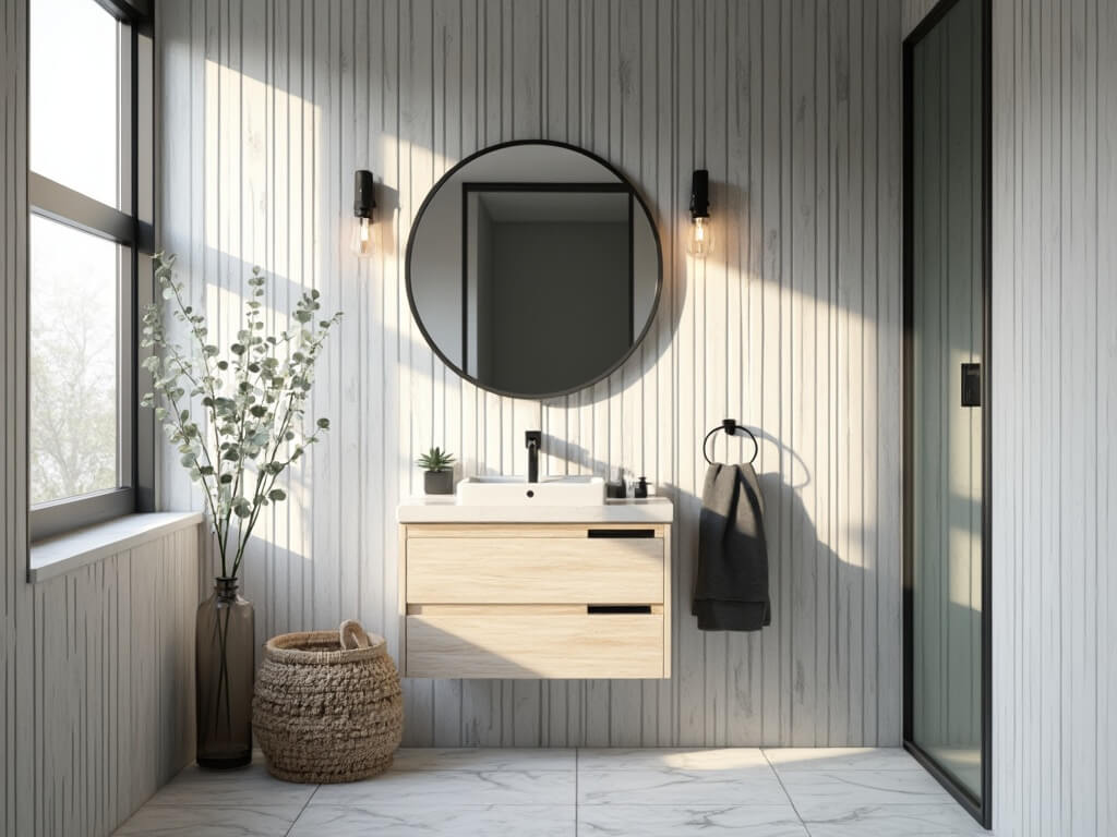 Small Bathroom Design: Transforming Tiny Spaces into Stylish Sanctuaries 2 "Small stylish bathroom with light gray tiles, white oak vanity, black accessories and natural light streaming through frosted window"