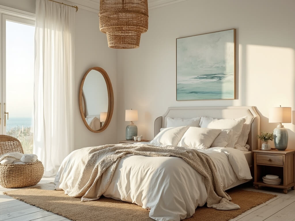 "Sunlit coastal bedroom with white linen curtains, king-sized bed, oak nightstands, rattan pendant light, abstract seascape artwork, jute rug, seagrass chair, and coastal accessories in 8K resolution."
