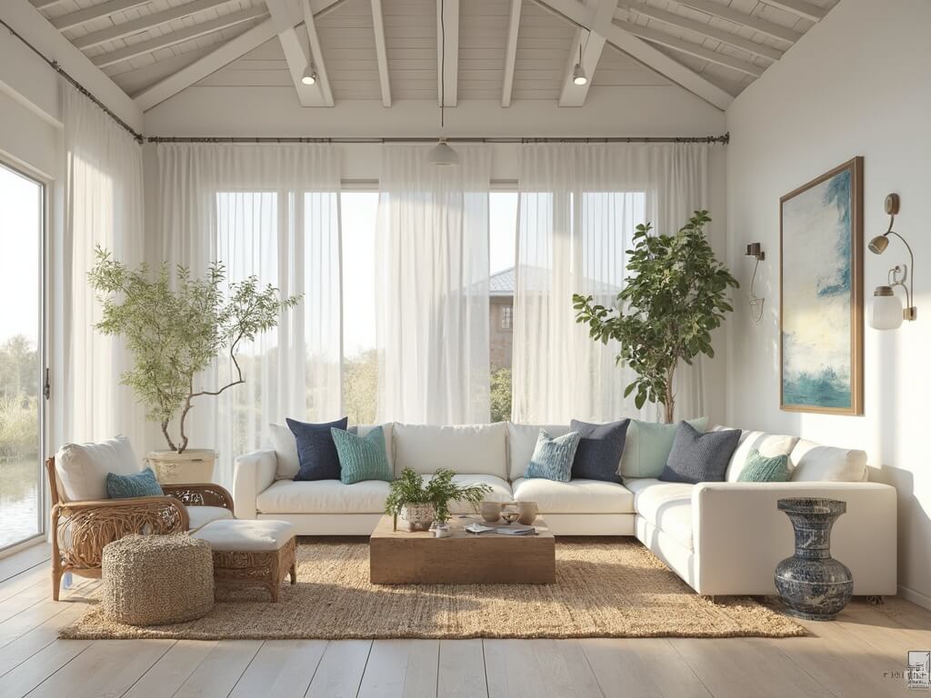 "Modern coastal living room interior design with natural sunlight, vaulted ceiling, cream sectional, rattan chairs, and ocean-themed decor"