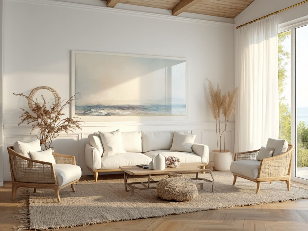 "Sunlit coastal living room with cream sofa, rattan chairs, and minimal decor in soft blues and neutrals"