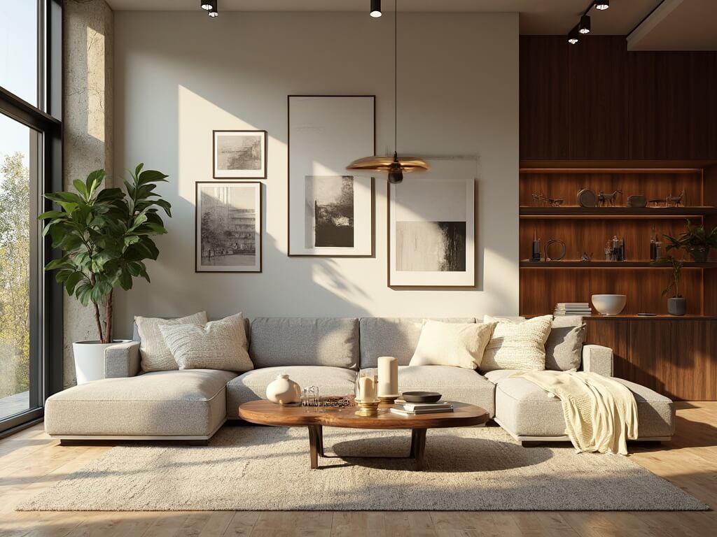 "Contemporary living space with gallery wall, natural light, and modern decor"