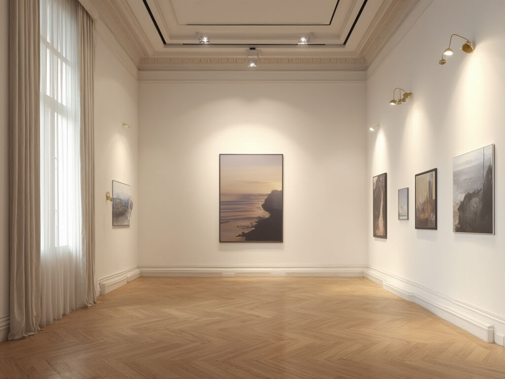 "Sophisticated residential art gallery with contemporary artworks lit by museum-quality LED lights, warm white walls, herringbone oak flooring, and ambient lighting, shot during golden hour."