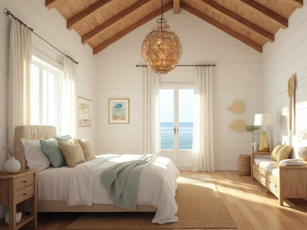 "Serenely decorated coastal bedroom bathed in golden hour light, featuring white bedding, wood beam ceiling, rattan lighting, driftwood nightstands, and subtle coastal artwork."