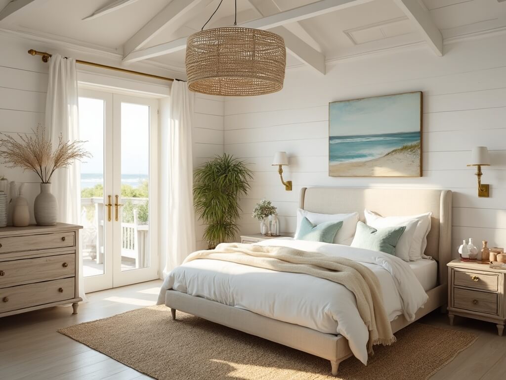 "Sunlit coastal bedroom with white shiplap walls, vaulted ceiling, king-size bed, driftwood dresser, and seascape artwork"