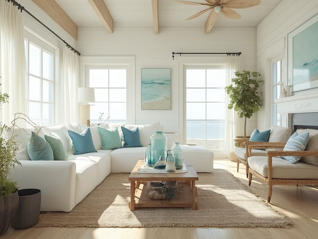 "Sunlit coastal living room with white shiplap walls, ivory linen sectional sofa, driftwood coffee table, rattan chairs, and coastal artwork"