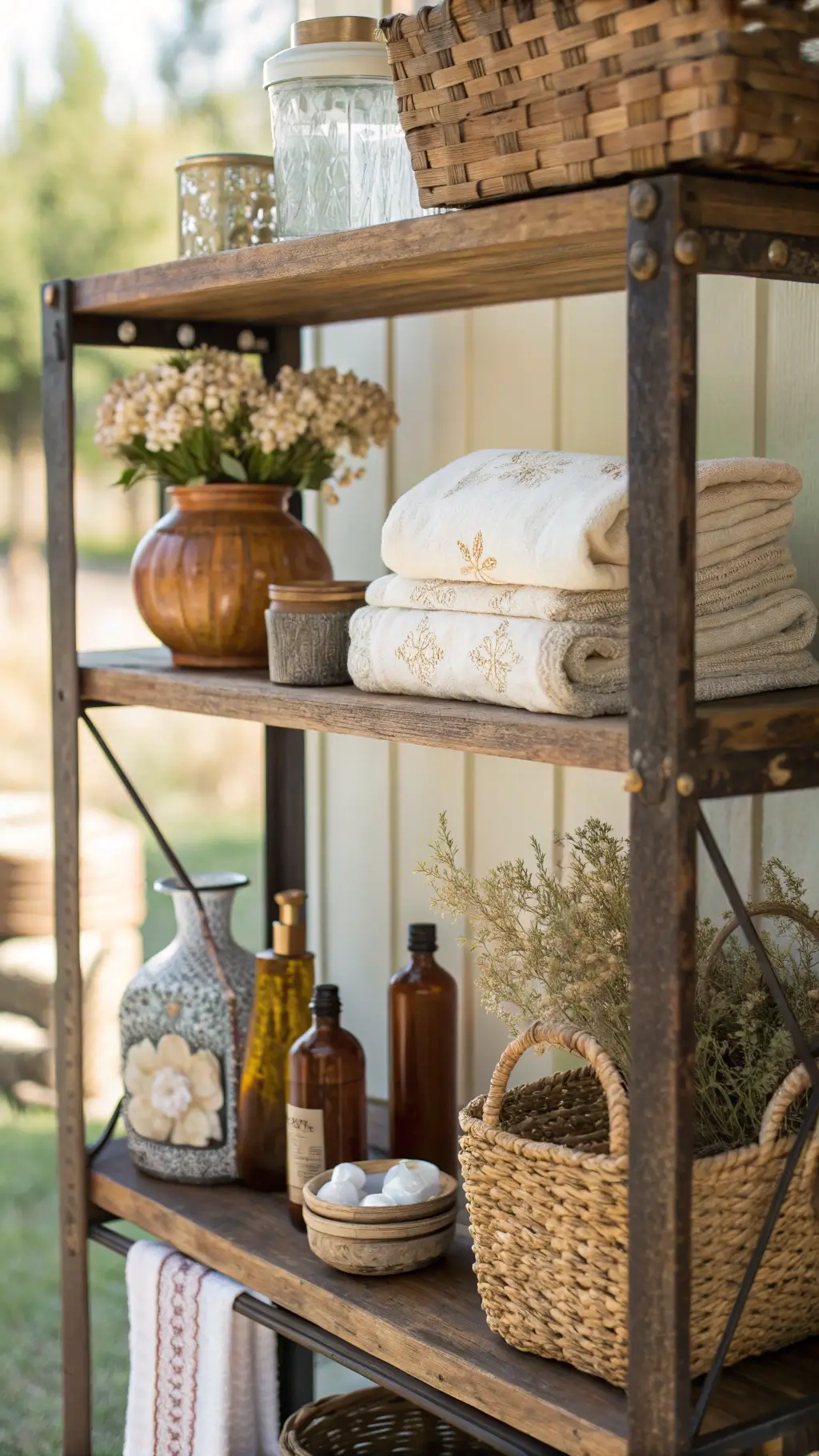 Open shelving unit made from reclaimed barn wood holding a variety of items including mercury glass vessels, porcelain soap dishes, and amber bottles, highlighted by morning light.