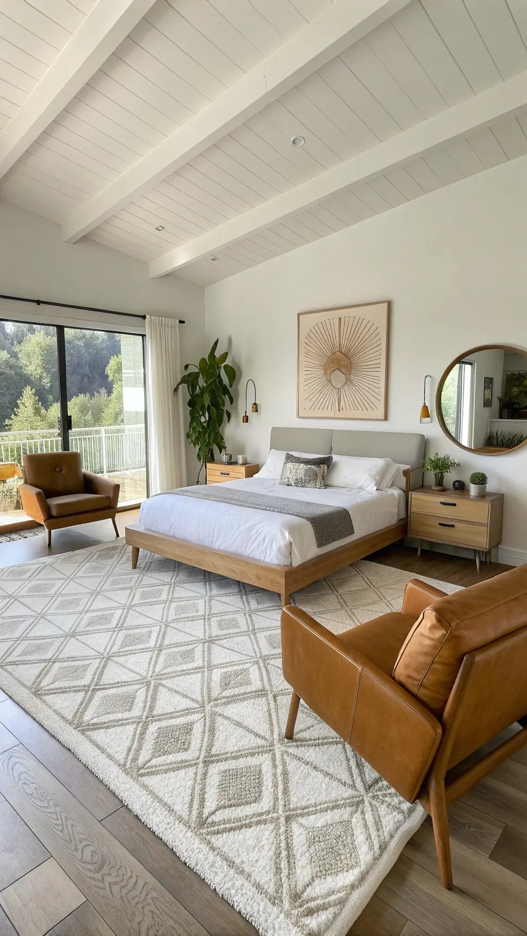 Mid-century styled bedroom with clean-lined platform bed, vintage cognac leather lounge chairs, geometric area rug, brass-framed oversized mirror, and modern art, plants, and ceramics décor in a sunlit ambience.