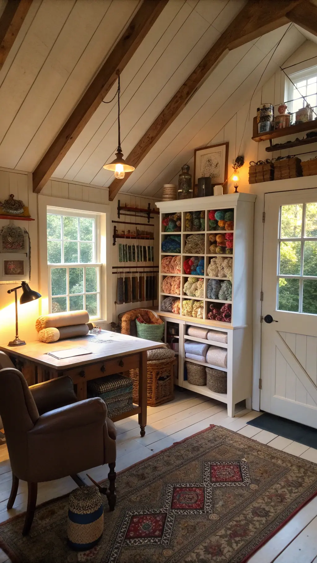 Vintage craft room in a 16x18ft cottage with works in progress on a center table, yarn collections on shelving, antique sewing notions, and a leather wingback chair by a floor lamp, beautifully illuminated in late afternoon light.