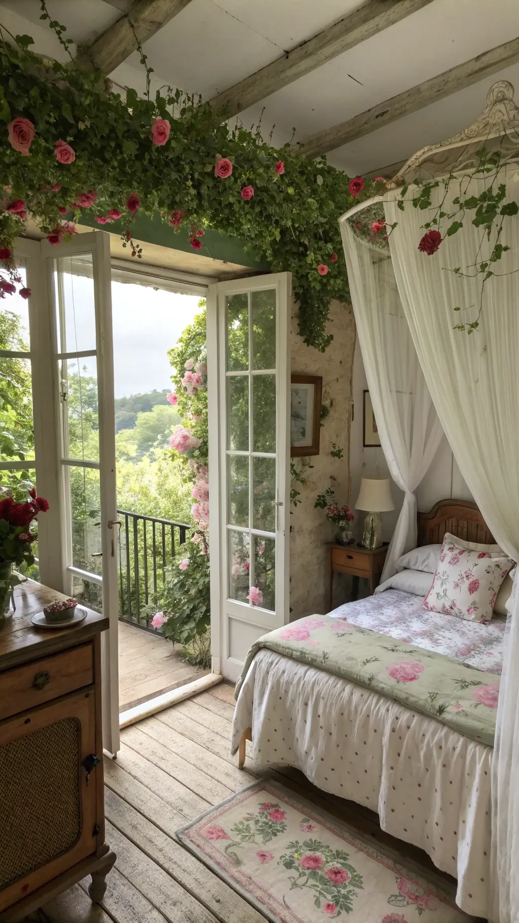 Creating Your Dream Cottagecore Bedroom: A Nostalgic Sanctuary of Comfort and Charm 6 Vintage 15x15ft cottage bedroom with French doors leading to rose-framed balcony, four-poster bed with sheer curtains and botanical print pillows, and an old vanity with collected treasures, in soft green, rose pink, vintage cream, and aged ivory hues.