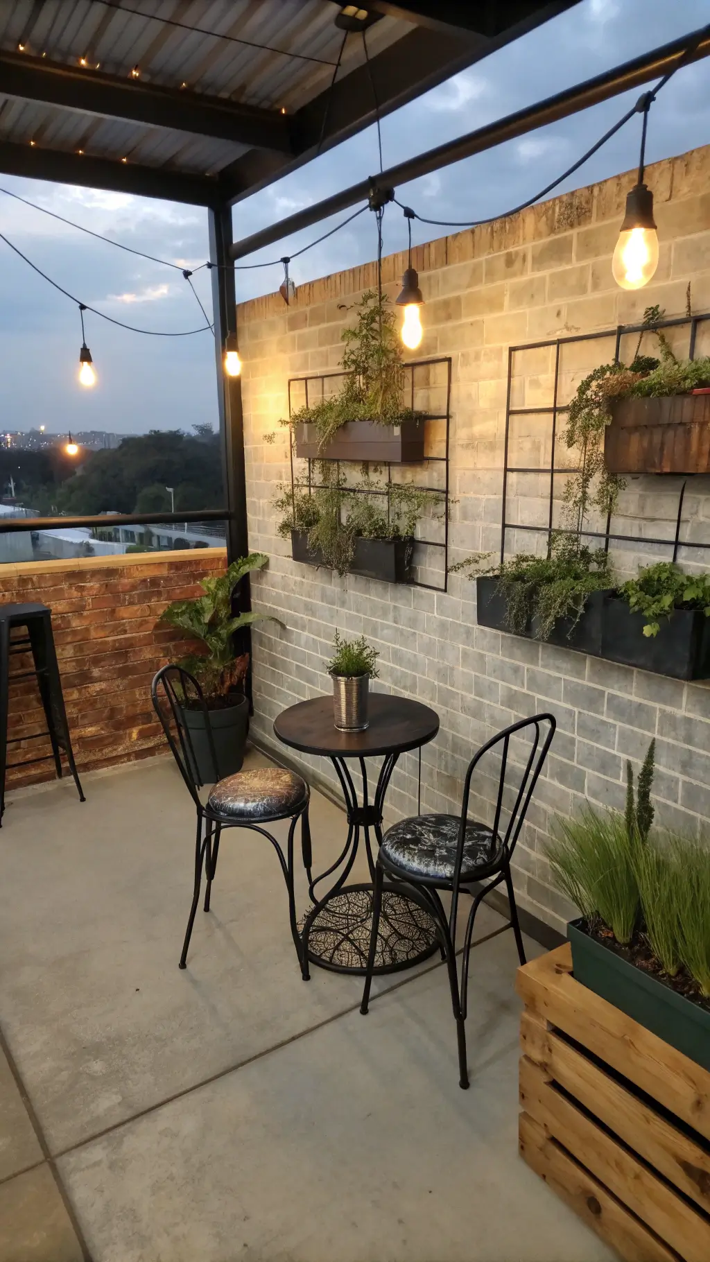 Aerial view of an industrial chic 7x8ft balcony at dusk, featuring raw concrete flooring, exposed brick wall, black bistro set with distressed leather cushions, vintage lights, galvanized planters with plants and herbs, and reclaimed wood wall with mounted succulents. The scene is set in a moody atmosphere with mixed artificial lighting in a color palette of greys, blacks, rust browns, and deep greens.