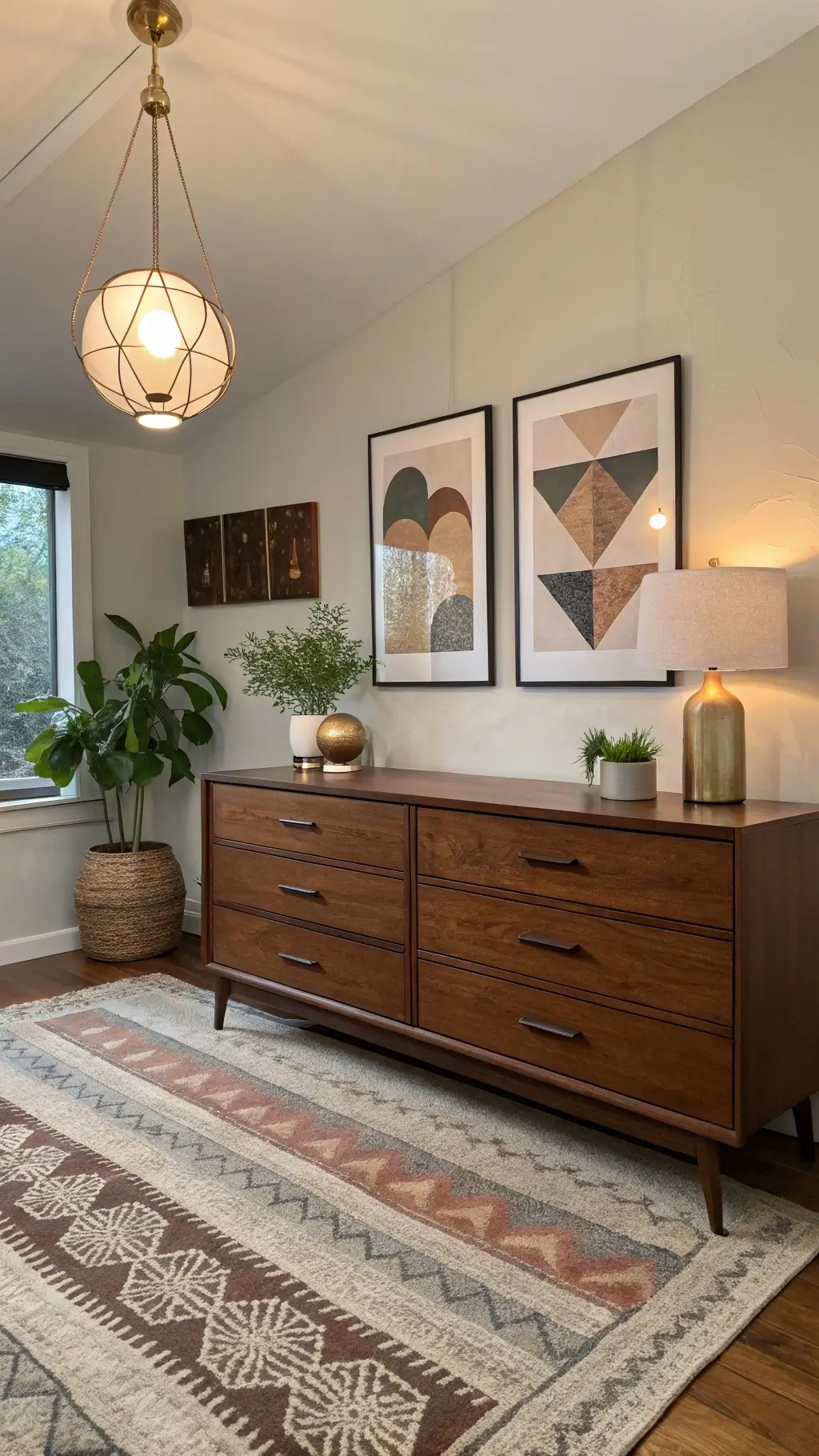 Mid-Century Modern Bedroom Decor: Crafting a Timeless, Stylish Sanctuary 5 1960s themed cozy master bedroom with Danish modern dresser, abstract geometric artwork, globe pendant lights, and vintage Moroccan rug.