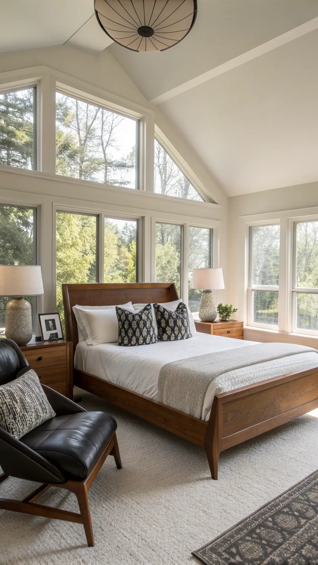 Mid-Century Modern Bedroom Decor: Crafting a Timeless, Stylish Sanctuary 7 Bright morning light illuminating a minimalistic 16x16ft bedroom with wraparound windows, walnut sleigh bed, matching case goods, a black leather butterfly chair, oversized matte white ceramic table lamps, and geometric patterned pillows.