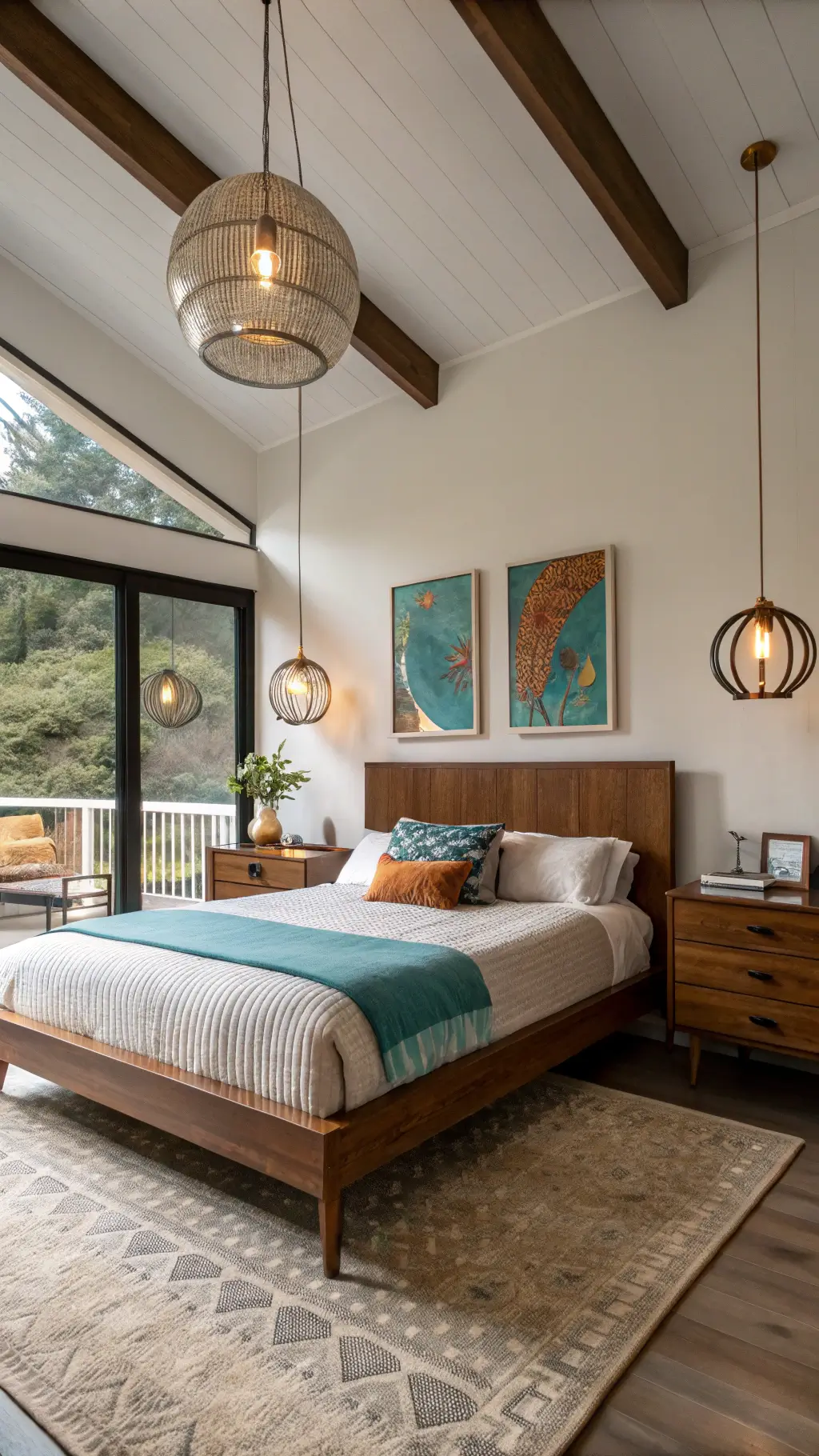 Mid-Century Modern Bedroom Decor: Crafting a Timeless, Stylish Sanctuary 8 Low-angle view of a sophisticated 14x17ft bedroom with a floating teak platform bed, vintage bar cart nightstand, abstract art and brass mirror accents, and pendant globe lights, illuminated by a soft twilight glow.