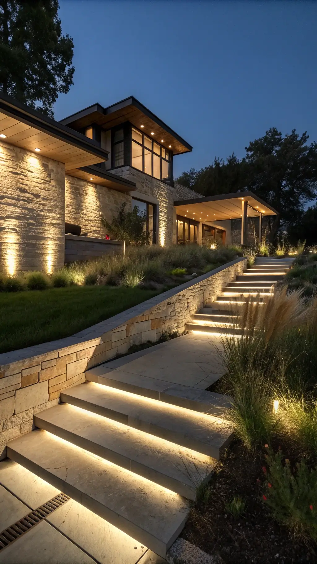 Architectural night shot of modern prairie-style landscape featuring backlit native grasses, floating concrete steps with LED strips, and a cor-ten steel water feature with submersible lighting.
