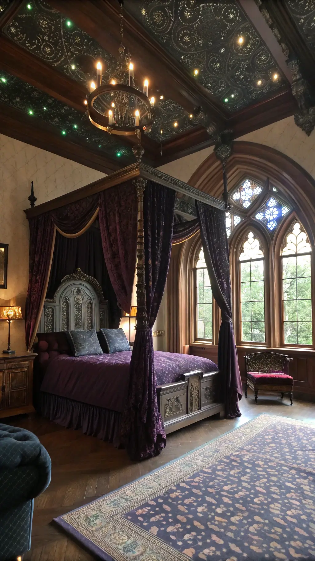 Whimsical Goth Room Decor: Crafting a Magical Dark Sanctuary 3 Victorian-style bedroom at twilight with a purple velvet canopy bed, Gothic arch windows, vintage armoire, midnight blue fainting couch, celestial art installation on the ceiling, antiqued vanity with crystal points and dried roses, and a Persian rug.