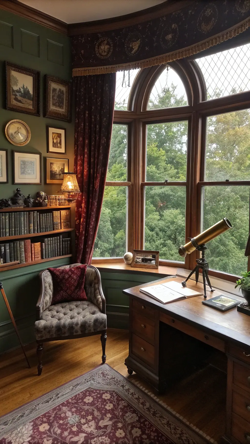 Whimsical Goth Room Decor: Crafting a Magical Dark Sanctuary 5 Vintage study with bay window, velvet pillows, botanical prints, an ebony desk with brass astronomical instruments, dried herbs, and a crystal ball on a brass stand.