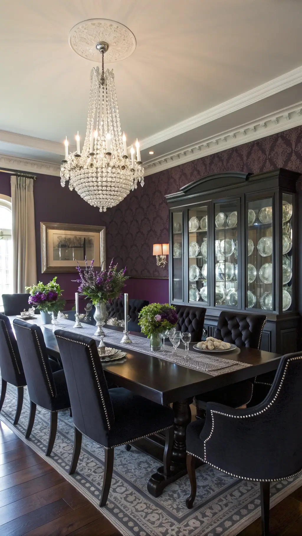 Whimsical Goth Room Decor: Crafting a Magical Dark Sanctuary 7 Elegant dining room in morning light with vintage furniture, dark plum walls, black oak table set with silver candelabras and fresh dark blooms, velvet upholstered chairs, and a crystal chandelier casting prismatic patterns.