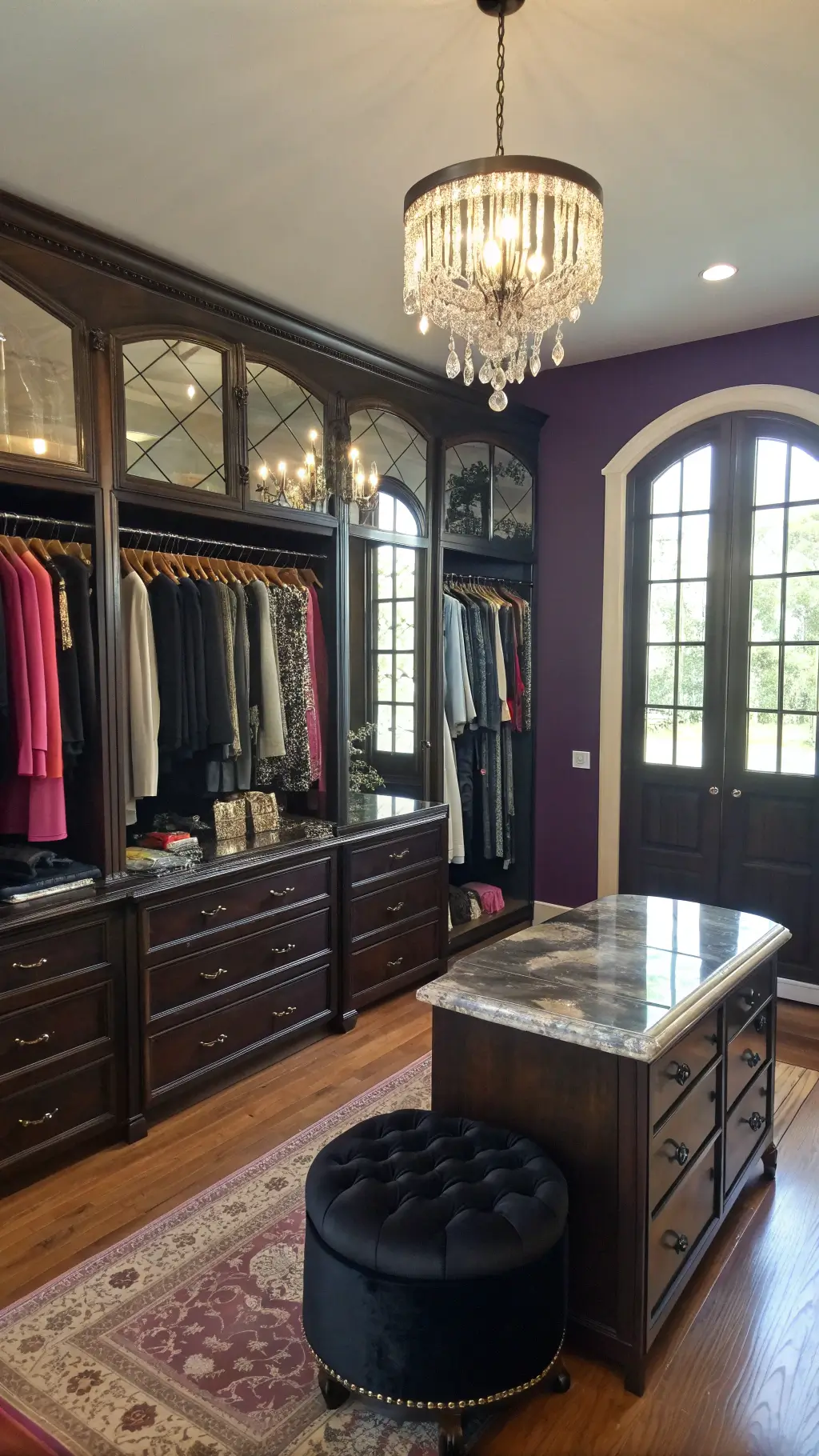Whimsical Goth Room Decor: Crafting a Magical Dark Sanctuary 9 Gothic themed dressing room with ebony wardrobes, black marble island, vintage vanity, hat displays, floor-length mirror, dress forms, and a black sheepskin rug on dark hardwood floors.