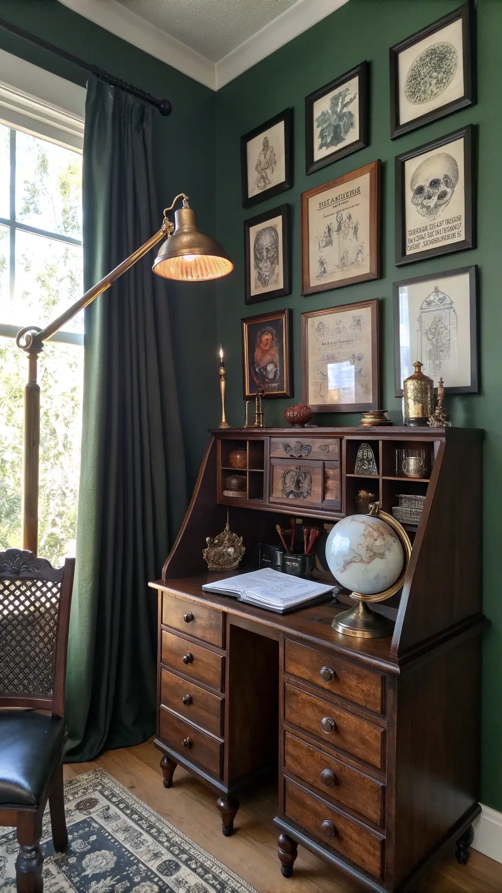 Whimsical Goth Room Decor: Crafting a Magical Dark Sanctuary 10 Antique mahogany secretary desk with Victorian medical illustrations, tarot spread, crystal ball, vintage globe and curiosity cabinet collection, with velvet curtains providing filtered sunlight in home office corner.