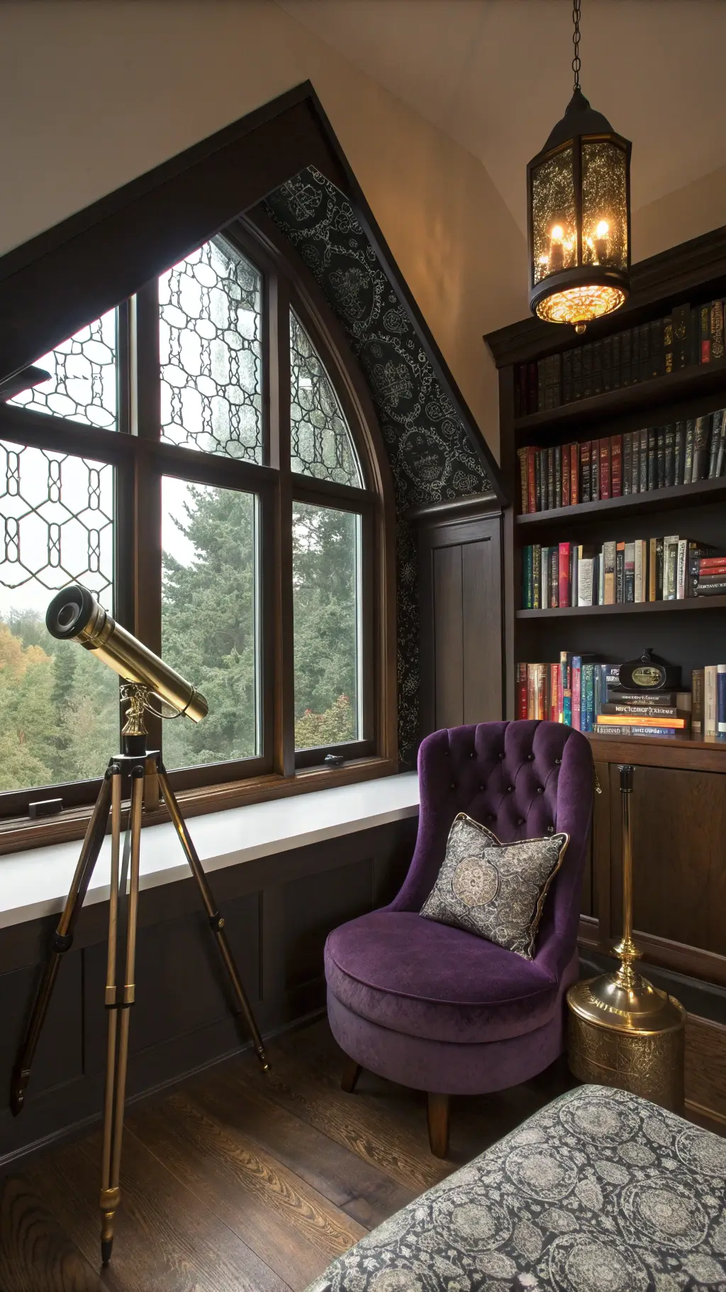 Whimsical Goth Room Decor: Crafting a Magical Dark Sanctuary 11 Reading nook with built-in window seat, floor-to-ceiling dark wood bookshelves, a deep purple velvet chair, black lace curtains, brass floor lamp and vintage telescope at twilight.