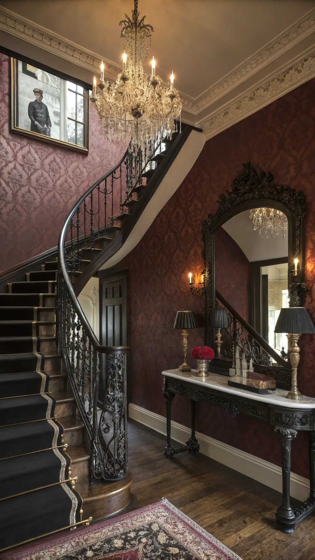 Whimsical Goth Room Decor: Crafting a Magical Dark Sanctuary 12 Grand Victorian staircase with wrought iron railings, Gothic mirror, crystal chandelier, black marble console table with silver candlesticks, vintage hat stand, burgundy damask wallpaper, antique Persian runner and brass wall sconces