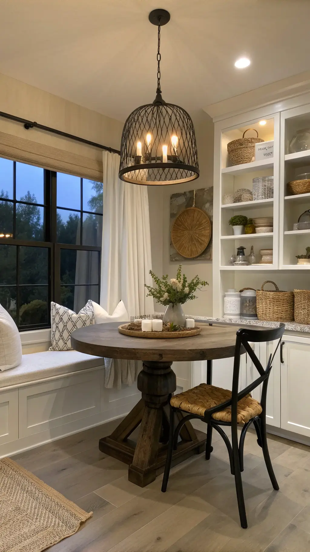 Cozy farmhouse kitchen nook with round oak table, black chairs, white cushions on built-in bench, sculptural chandelier, vintage runner, woven baskets, and ceramics on wooden shelves, with soft ambient lighting and evening light filtering through linen curtains