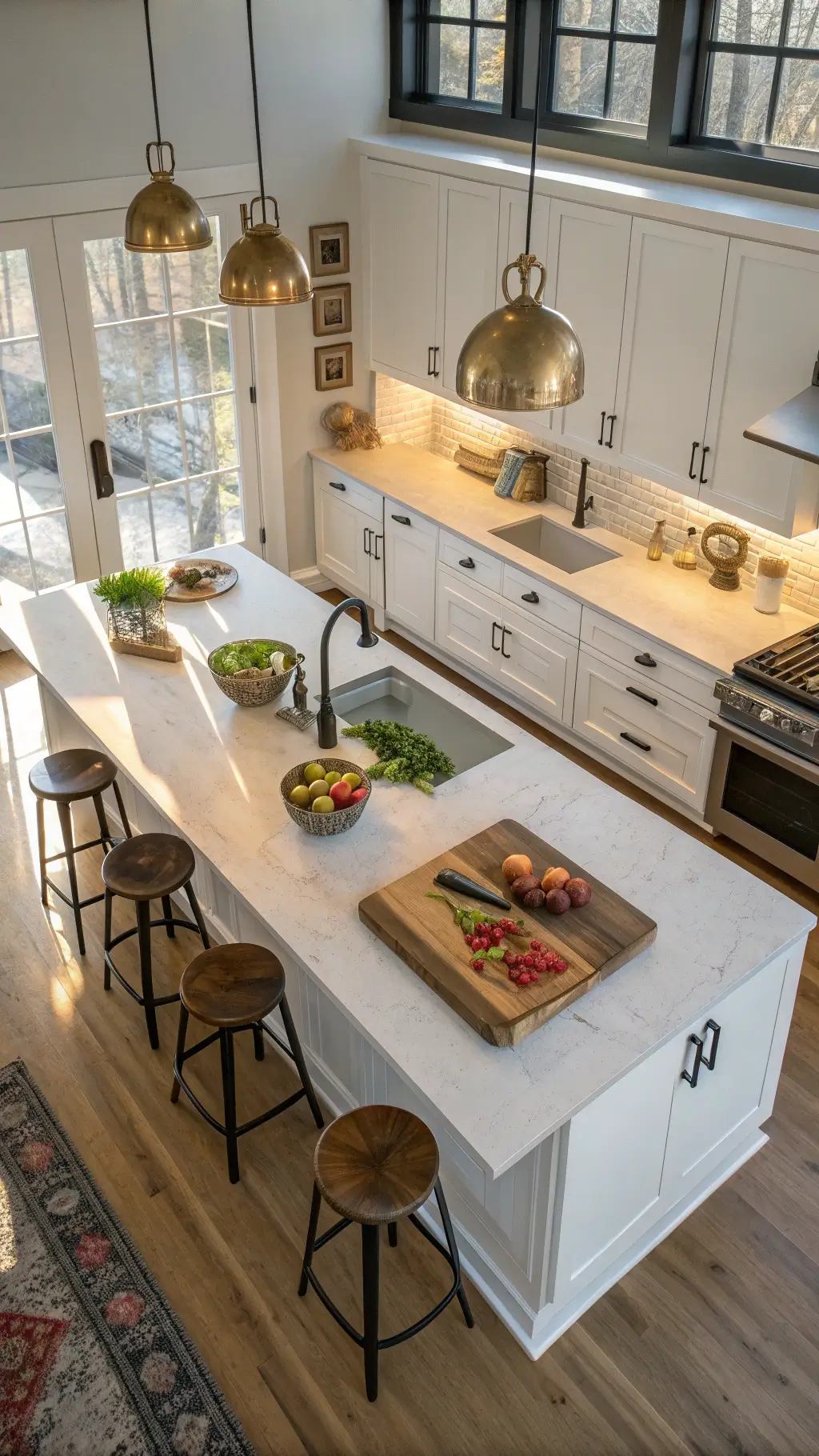 Overhead view of a modern farmhouse kitchen island with quartz surface, preparation sink, artisanal cutting boards, copper mixing bowls, fresh produce, framed by white cabinets and accented with black metal stools and brass pendant lights in morning sunlight.