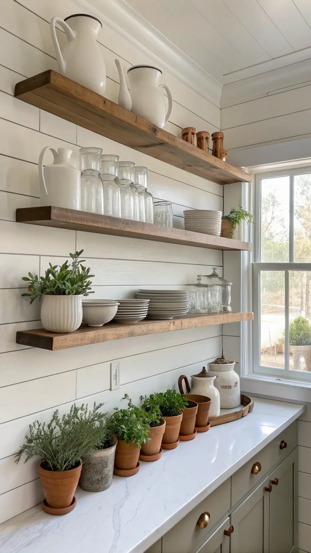Detail of white oak shelves in a modern farmhouse kitchen displaying ceramic pitchers, vintage copper vessels, and glass canisters, bathed in natural morning light with potted herbs