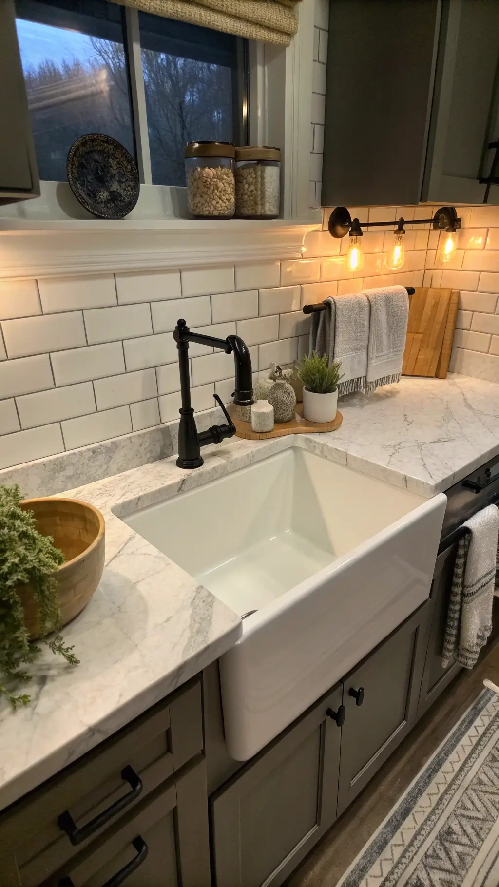 Farmhouse sink station with vintage styling and marble backsplash in twilight lighting