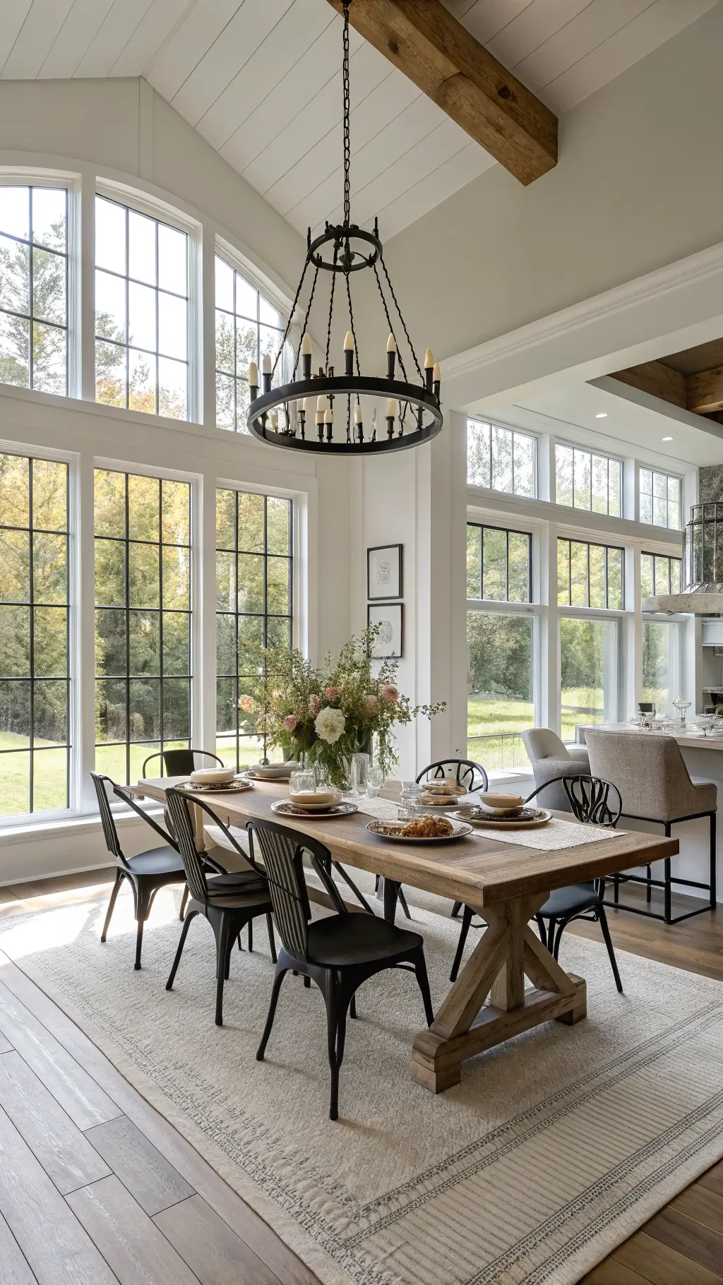 Modern farmhouse kitchen dining area in morning light, featuring a 8ft reclaimed wood table with mixed seating, oversized black metal chandelier, layered jute rug, and white oak floors styled with ceramic tableware and fresh flowers.