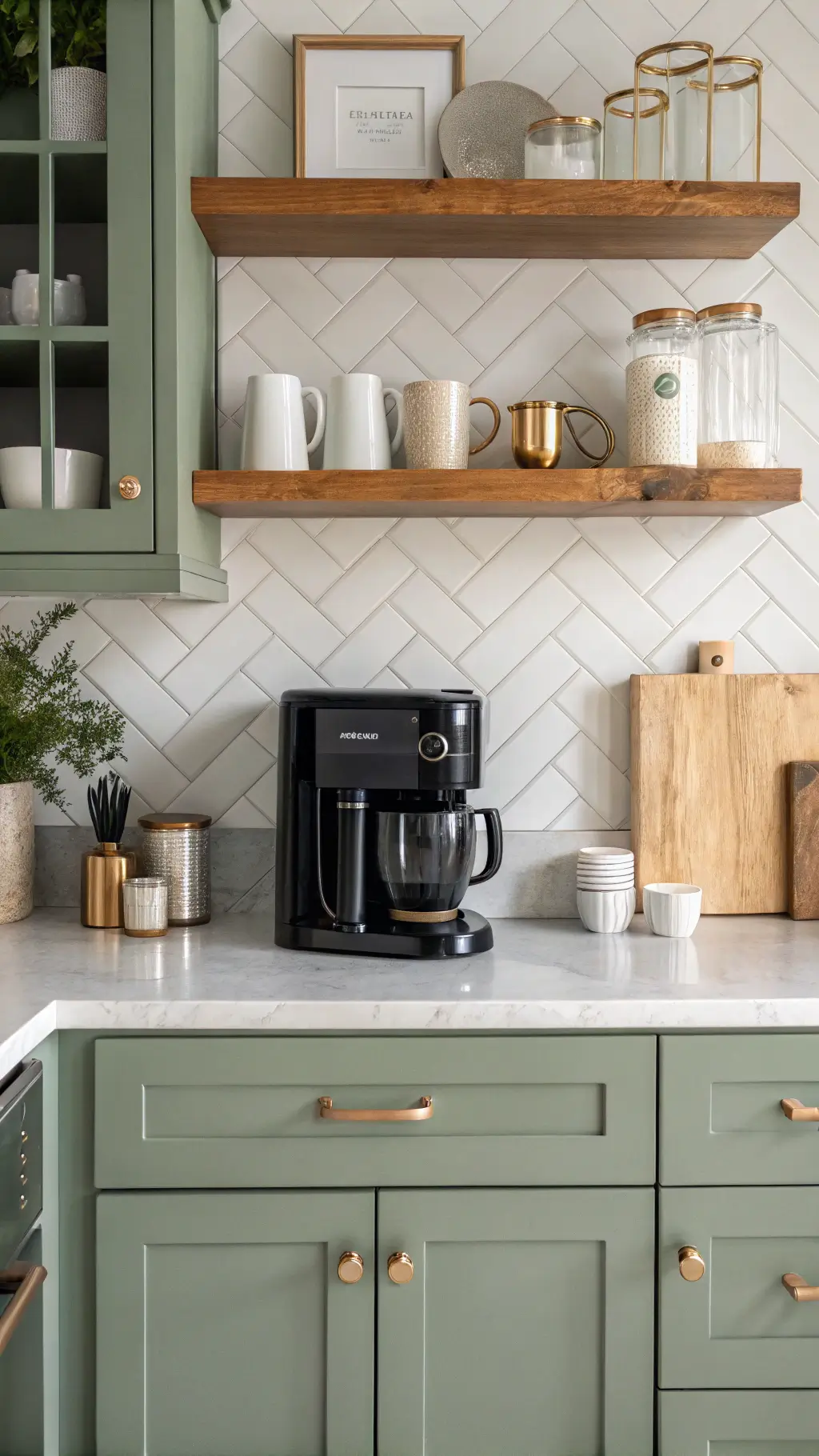 Modern farmhouse kitchen coffee station with sage green cabinet, floating shelves, matte black coffee maker, brass hardware, white marble counter, and styled with ceramic mugs, glass canisters, and wooden serving board at dawn