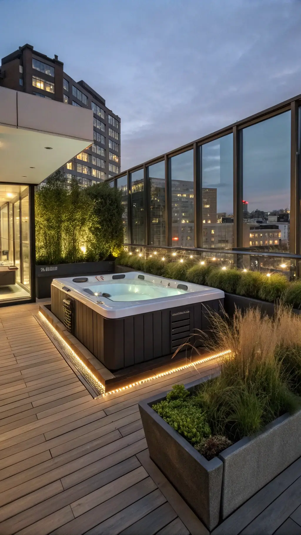 Transforming Your Backyard: The Ultimate Hot Tub Retreat Guide 5 Twilight view of a modern urban rooftop hot tub sanctuary with sleek design elements, minimalist outdoor kitchen, vertical gardens on metallic screens, and city lights backdrop.