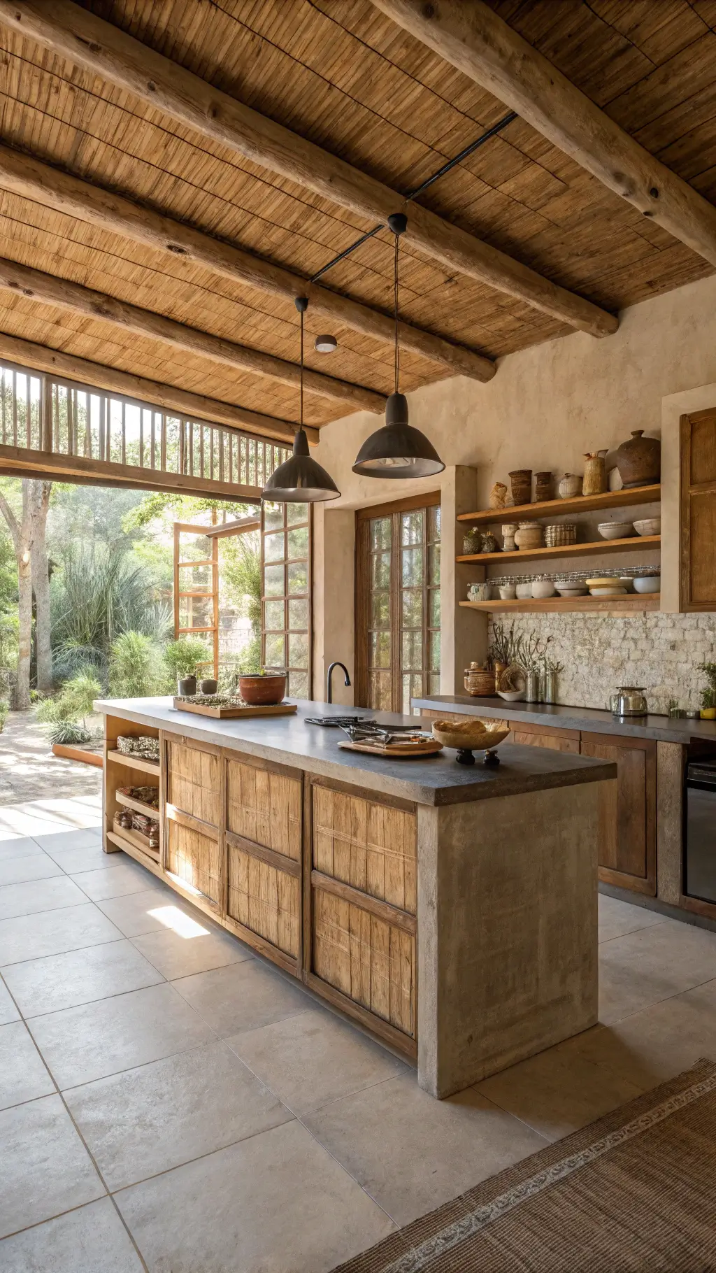 Wabi-Sabi Architecture: Embracing Imperfection and Natural Beauty in Design 4 Wabi-sabi artist's kitchen with earthen walls, bamboo screens, reclaimed timber island, open shelving with ceramics, patinaed copper pots, and kintsugi-inspired concrete countertops in natural earth tones.