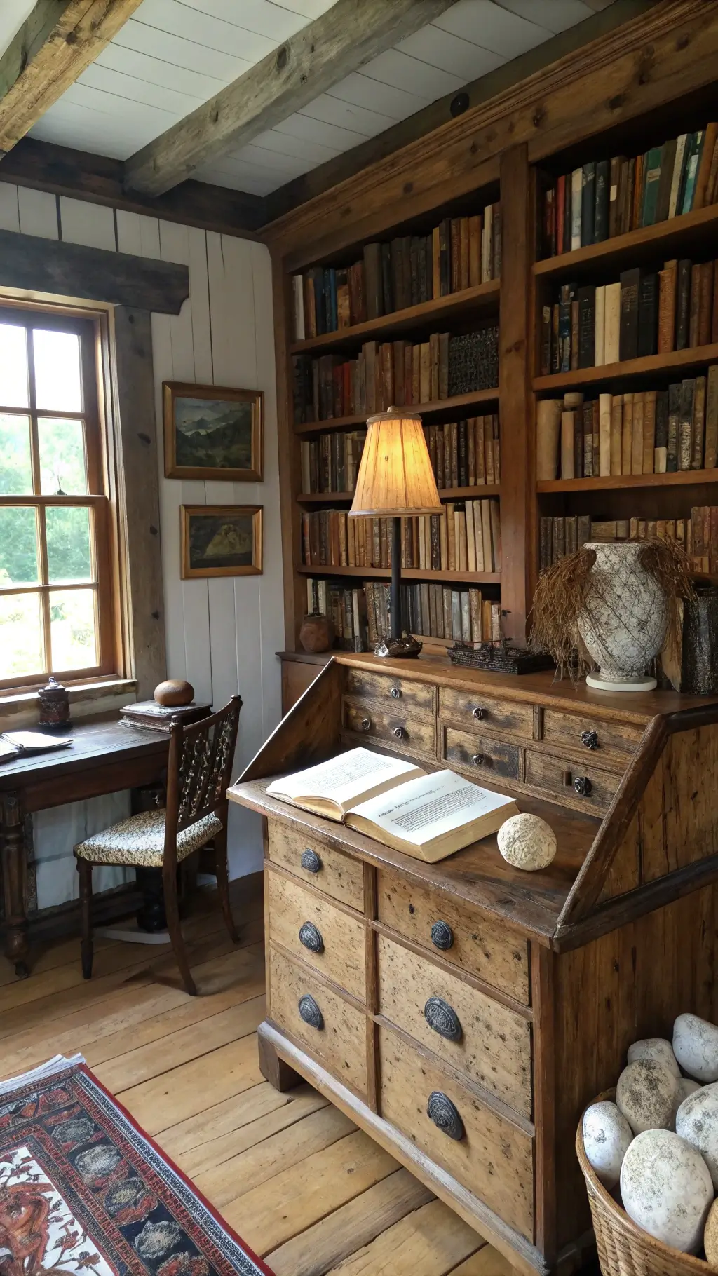Wabi-Sabi Architecture: Embracing Imperfection and Natural Beauty in Design 11 Scholar's library with reclaimed wooden shelves filled with books, an aged wooden desk, handmade paper lampshades, and a collection of natural objects displayed on raw edge wooden shelves, bathed in warm afternoon light.