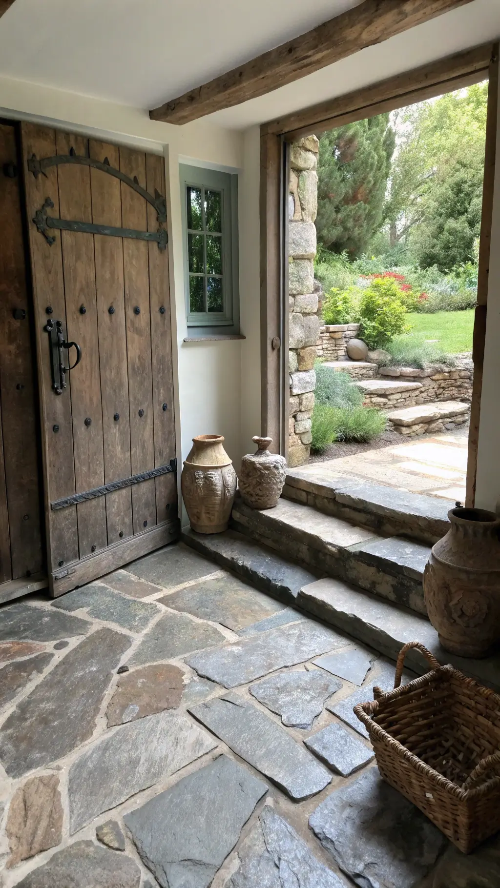 Wabi-Sabi Architecture: Embracing Imperfection and Natural Beauty in Design 12 Exterior view of an 8x10ft entry vestibule featuring a massive ancient wooden door, stepped stone floor, irregular ceramic vessels holding single stems in niches, and a handwoven basket, with indirect natural light from a garden.