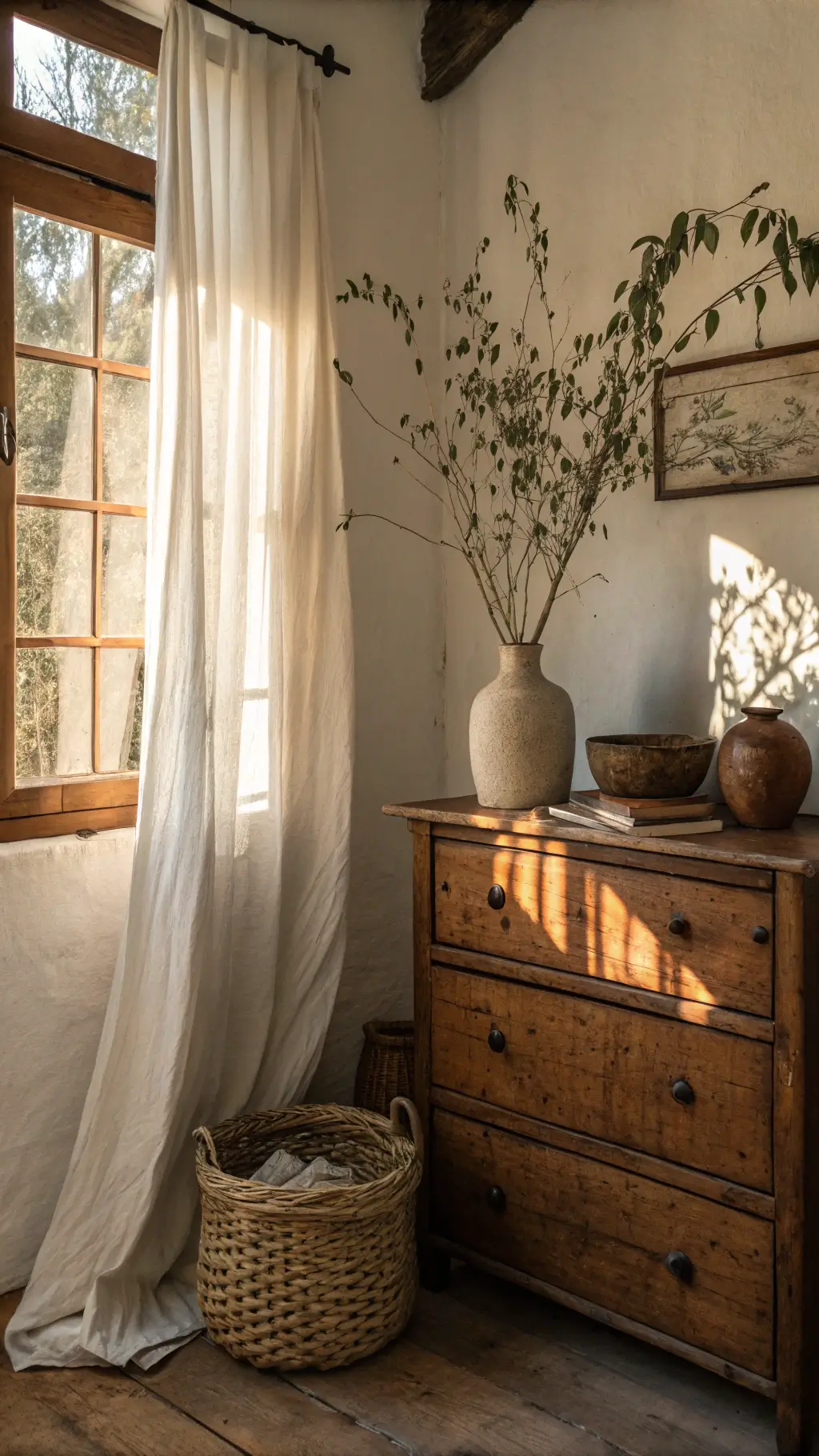 Wabi Sabi Bedroom: Creating a Sanctuary of Imperfect Beauty 4 Golden hour capture of a cozy bedroom corner with a vintage wooden dresser, ceramic vessels, dried eucalyptus branches, lacy shadows on warm ivory walls, billowing linen curtain and handwoven basket.