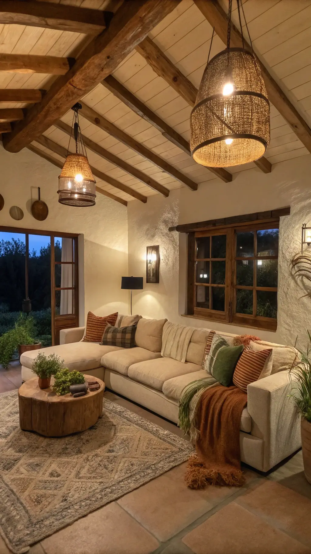 Earthy Living Room: Transform Your Space into a Natural Sanctuary 6 Cozy living room at dusk with ambient lighting, wooden beams, clay beige walls, linen sectional with rust and moss green throws, handmade ceramic pendants, and natural fiber window treatments.