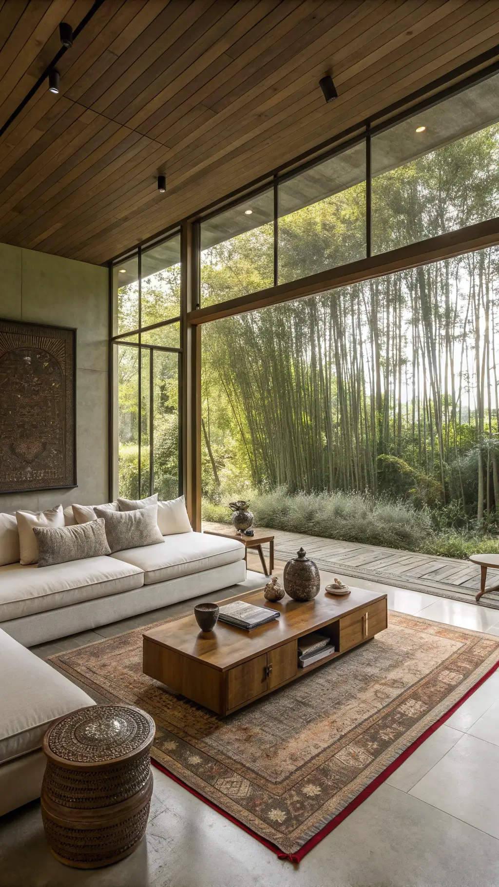 Earthy Living Room: Transform Your Space into a Natural Sanctuary 9 Serene living room with breathaking bamboo garden view, platform-style seating with raw silk upholstery, handcrafted teak coffee table with brass accents, vintage rugs, and a collection of handmade pottery in early morning light.
