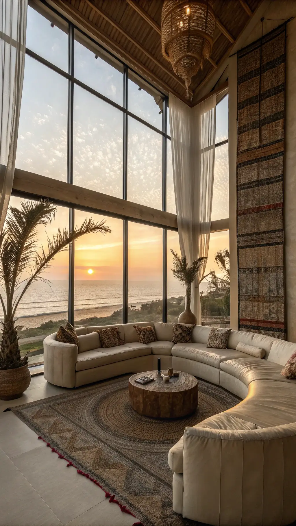 Earthy Living Room: Transform Your Space into a Natural Sanctuary 12 Sunset peering through double-height windows in a spacious 24x28ft living room, adorned with natural leather sectional and brass details, large wooden art piece, vintage Moroccan rugs, and oversized clay vessels with dried palm fronds.