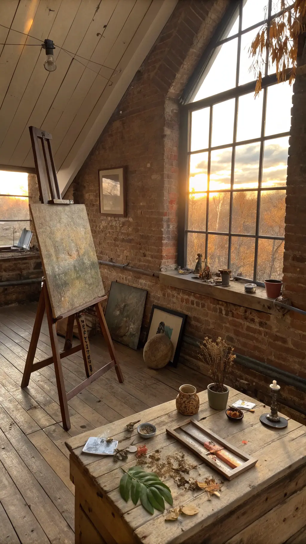 Wabi-Sabi Painting: Embracing Imperfection and Natural Beauty in Art 3 Artist's studio with exposed brick walls, weathered wooden floors, vintage workbench with natural materials, and a painting on a wooden easel, illuminated by golden light through industrial windows.