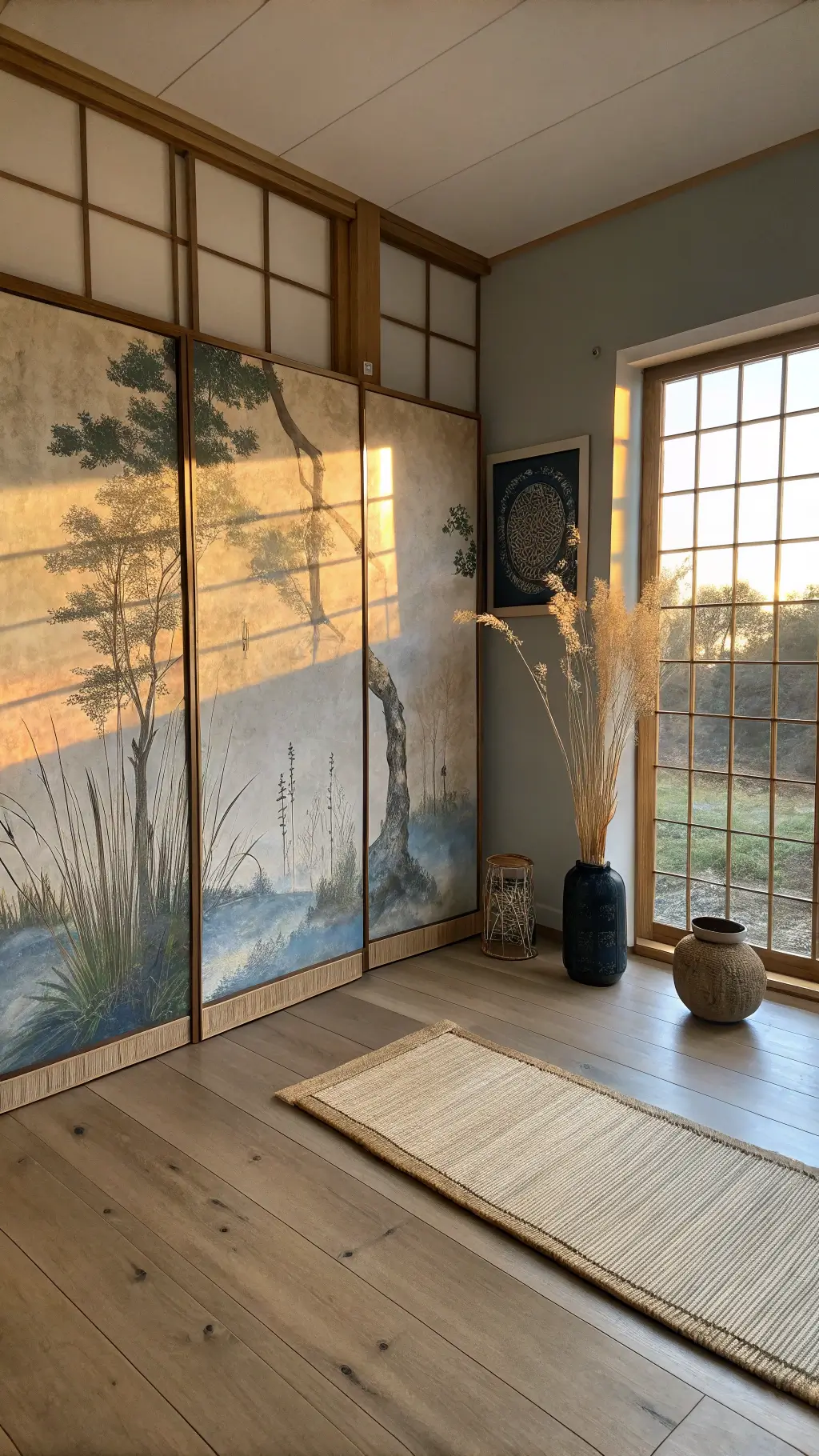 Wabi-Sabi Painting: Embracing Imperfection and Natural Beauty in Art 4 Meditation room at dawn with shoji screens, Wabi-Sabi painting in blues and beige, with a simple bamboo mat, ceramic vase with wild grasses, shot from a low angle with soft focus on background elements.