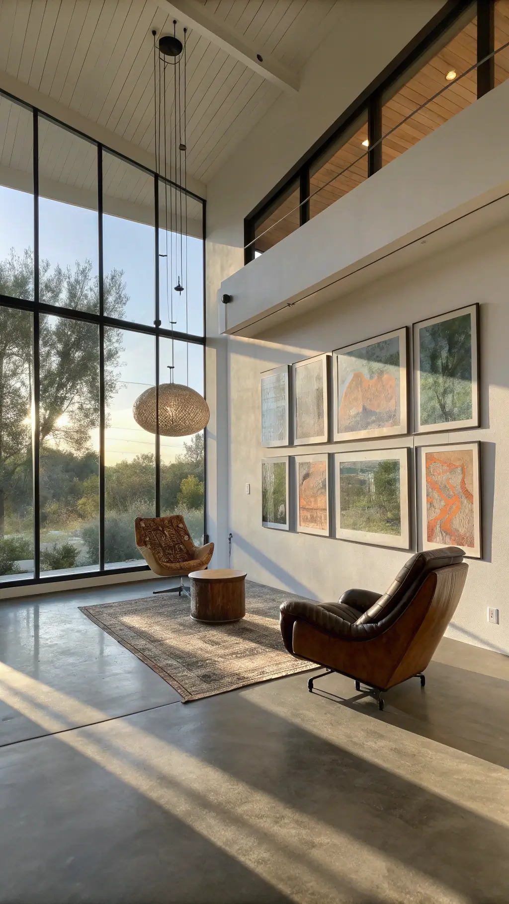 Wabi-Sabi Painting: Embracing Imperfection and Natural Beauty in Art 5 Modern minimalist living room featuring terracotta, sage, and cream Wabi-Sabi paintings, vintage leather chair and pendant light with afternoon shadows on concrete floor