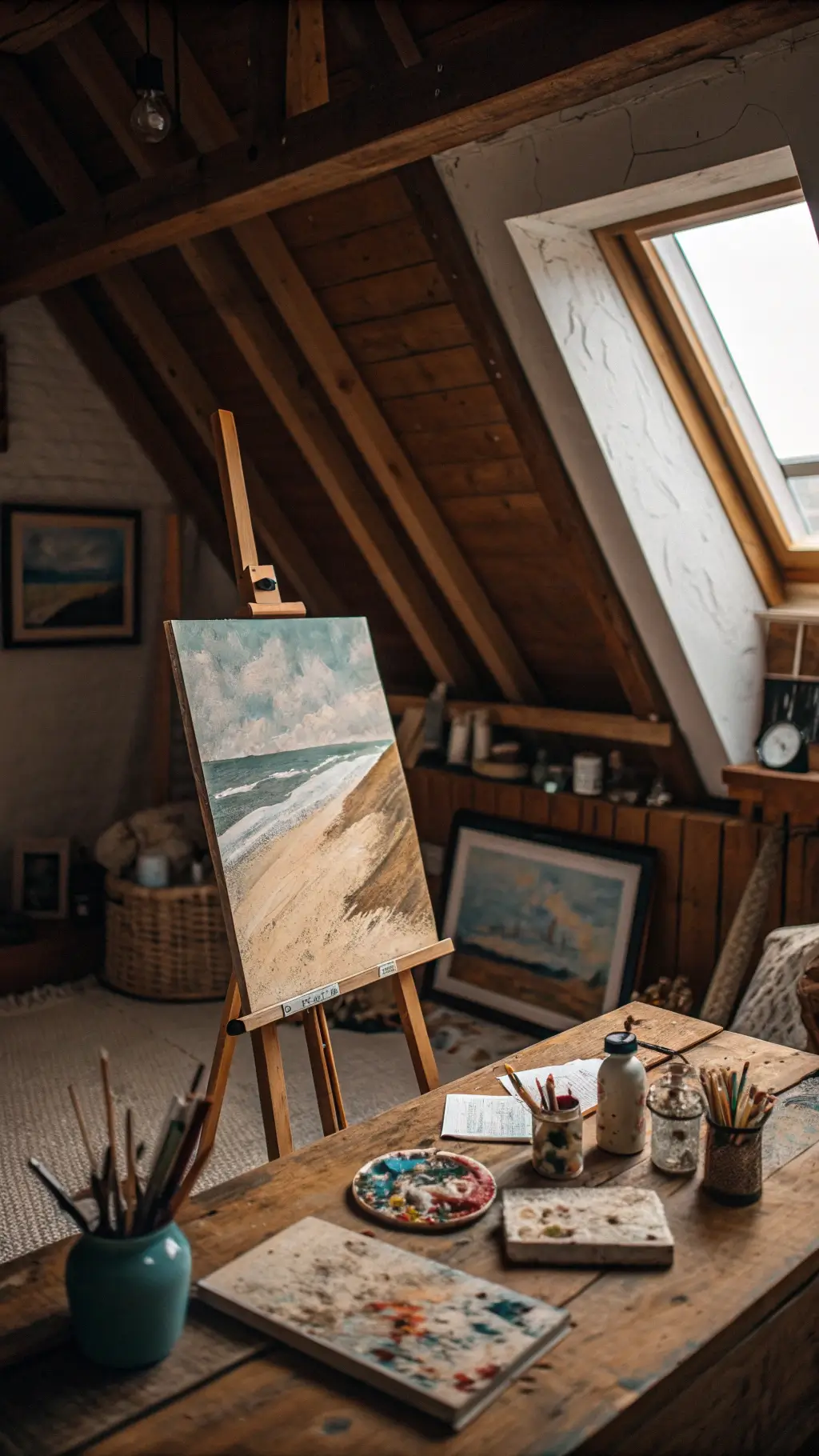 Wabi-Sabi Painting: Embracing Imperfection and Natural Beauty in Art 6 Overhead view of cozy artist's nook in converted attic, exposed beams, painting session in progress on canvas with sand-mixed paint, surrounded by natural objects and handmade tools under moody overcast light from dormer window.