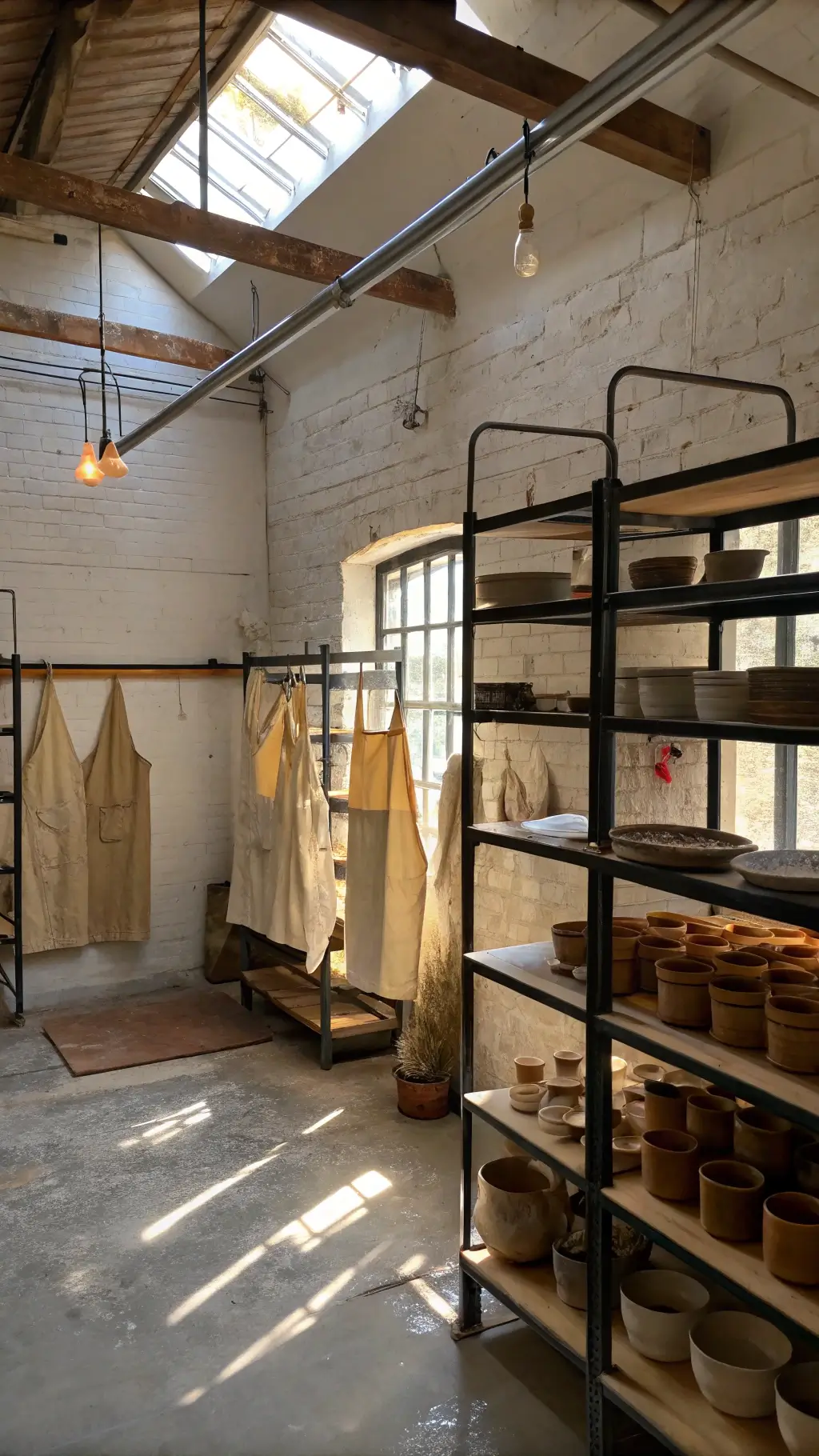 Wabi-Sabi Painting: Embracing Imperfection and Natural Beauty in Art 7 Morning sunlight illuminating a rustic 18x24ft pottery studio with whitewashed walls, cement floors, drying Wabi-Sabi paintings on metal racks, texture experiments displayed on shelves, and clay-stained aprons on vintage hooks.