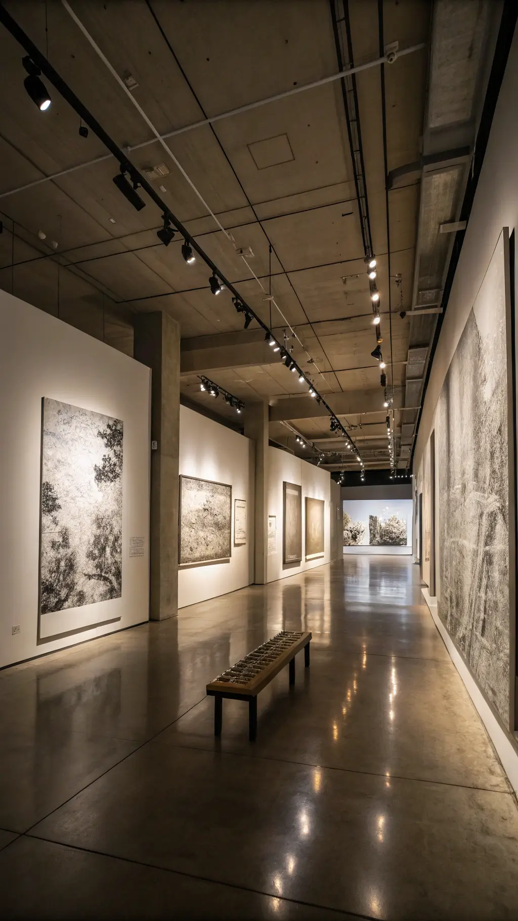 Wabi-Sabi Painting: Embracing Imperfection and Natural Beauty in Art 8 Large contemporary gallery space illuminated by dramatic evening track lighting, featuring Wabi-Sabi artwork on floating walls and minimal furniture with a single bench at center.